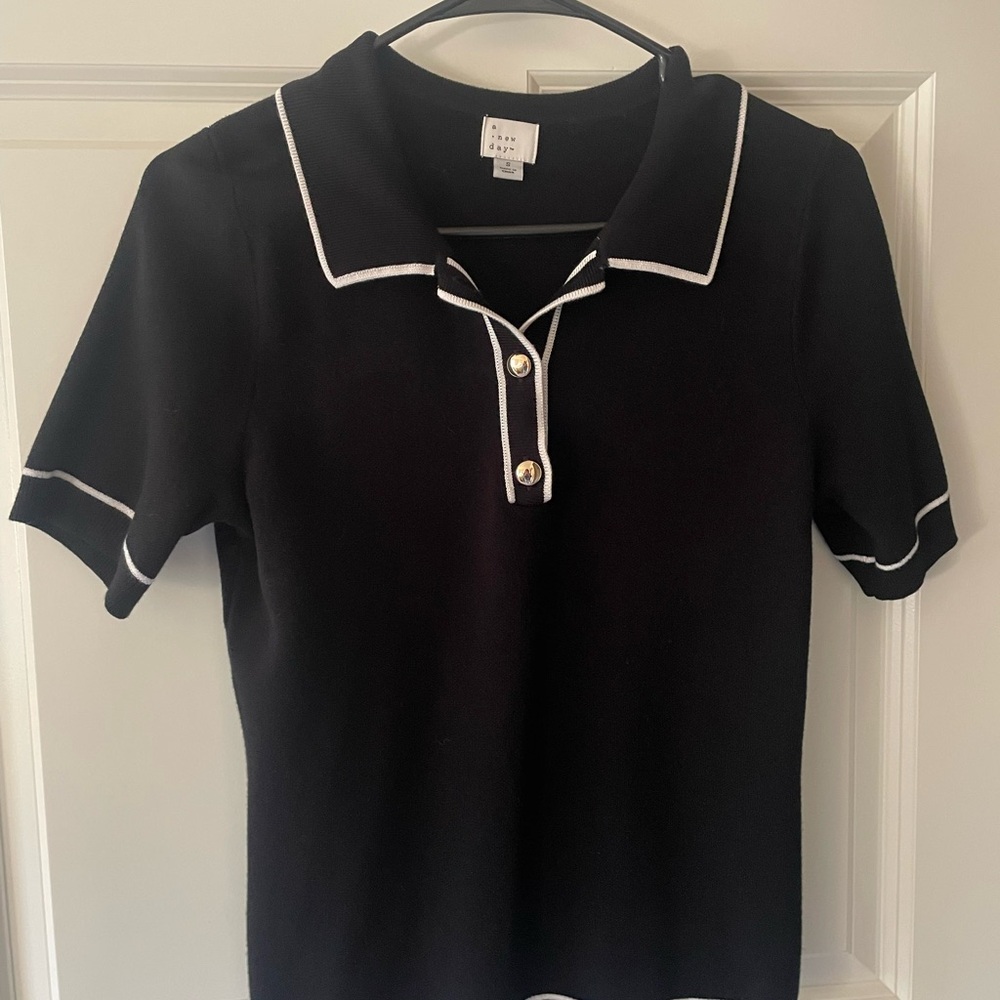 a new day Black Button Down Polo Collar Top